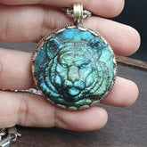 BIG MEN'S VINTAGE Natural Blue Fire Carving Labradorite Lion Face Necklace